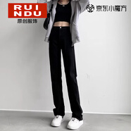 Rindu黑色直筒牛仔褲女修身彈力美式春季2026新款百搭高腰顯瘦長(cháng)褲子女 黑色 常規 L 建議105-115斤