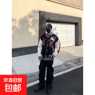 美式拼接撞色釘珠皮袖棒球服男春秋高街潮牌寬松百搭休閑夾克外套 黑色 M