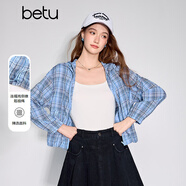 百圖（betu）女裝2026年春季新款下擺抽繩短外套格紋帶帽拉鏈短外套女2602T52 藍色 L