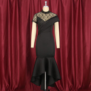 圓領(lǐng)性感透視蕾絲短袖高腰荷葉邊派對女裝連衣裙partydress 黑色 S