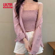 UKMR2025新款長(cháng)袖襯衫女韓版寬松百搭襯衣夏季薄款休閑學(xué)生防曬衣 粉紅色 襯衫+吊帶兩件套 均碼 2XL130-140