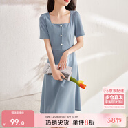 尚都比拉短袖連衣裙女夏季復古赫本風(fēng)氣質(zhì)通勤裙子中長(cháng)款A字裙 灰藍色 M