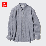 優(yōu)衣庫女裝法國麻襯衫格紋長(cháng)袖襯衣上衣空調衫薄外套477556 69 藏青色 XS /150/76A