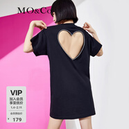 MO&Co.連衣裙鏤空愛(ài)心鑲鉆設計感露背短袖寬松T恤裙白色摩安珂 黑色 S 160