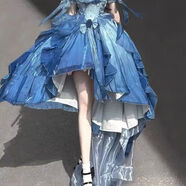 ZHIO【原版質(zhì)量】重工拖尾蓬蓬前短后長(cháng)在逃裙藍色花嫁禮服連衣裙女裝 藍色連衣裙+大拖尾 沒(méi)有脖圈 L