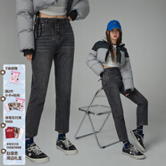 CHUU九分牛仔褲女2025秋季新品深色個(gè)性設計高腰加絨保暖鉛筆褲 黑灰 25