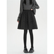 當季毛呢碎花短裙女秋冬中裙小個(gè)子松緊腰高腰顯瘦休閑a字蓬 黑色 S