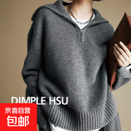 慵懶風(fēng)大翻領(lǐng)羊毛衫女秋冬寬松韓版純色半拉鏈設計感毛衣外穿針織 灰色 厚款 M
