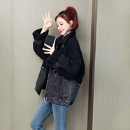 親素（KINNSU）黑色羊羔毛外套女新款寬松加絨加厚時(shí)尚羊羔絨牛仔外套冬季外套女 黑色 XL