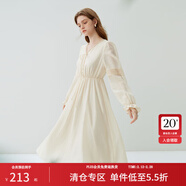 范思藍恩23FS13207法式復古燈籠袖綁帶收腰連衣裙春秋新款氣質(zhì)女裙 杏色 XS