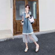 漣畫(huà)甜美網(wǎng)紗拼接牛仔連衣裙女夏2026新款氣質(zhì)度假風(fēng)韓系流行絕美 牛仔藍 S