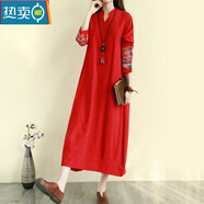 夏典素訂女王（SE.PSTP）復古民族風(fēng)棉麻連衣裙秋冬長(cháng)款過(guò)膝文藝刺繡氣質(zhì)長(cháng)裙子寬松森女系 紅色 2XL