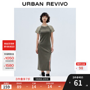 UR秋季新款女潮流休閑字母印花開(kāi)衩短袖連衣裙UWV740104 深卡其 M