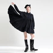 春季女裝2025新大擺a字襯衫裙高腰顯瘦設計感娃娃連衣裙 黑色 均碼