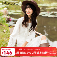 LAGOGO波西米亞荷葉邊連衣裙女拉谷谷春秋款長(cháng)袖V領(lǐng)白色鏤空裙子 本白色(V1) S