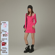 CHUU字母鏤空連衣裙女2025秋季新品辣妹個(gè)性修身顯瘦長(cháng)袖露肩短裙 玫紅 均碼