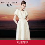 糖力【商場(chǎng)同款】在逃公主裙中長(cháng)款短袖收腰鏤空提花連衣裙女夏季 杏色 M