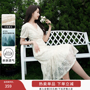 香影重工蕾絲連衣裙女2025夏季新款魚(yú)尾裙鏤空亮片泡泡袖法式裙子 米色 S