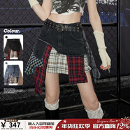 UNIFREE【明星同款】廢土風(fēng)格子拼接牛仔短裙女不規則裙擺辣妹風(fēng)復古裙子 黑色1 3XL