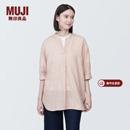 MUJI 女式 木棉混雙層紗織五分袖束腰長(cháng)上衣內搭罩衫襯衫BC2J1C4S 煙熏橙色條紋 XL(165/92A)
