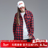 古由卡（GUUKA）潮牌春裝新款bf風(fēng)格子長(cháng)袖襯衫女嘻哈寬松飄帶襯衣情侶拼接印花外 紅色 M