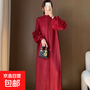 時(shí)尚褶皺連衣裙春秋高級感長(cháng)款裙子歐美大碼女裝連衣長(cháng)裙 酒紅色 均碼