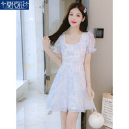 莫代爾小清新蝴蝶結綁帶收腰碎花連衣裙2026年夏季新款時(shí)尚簡(jiǎn)約顯瘦短裙 淡藍色 L