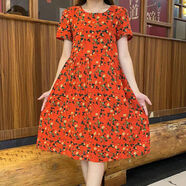 第喜武夏季款短袖衣裙碎寬松遮肉韓版娃娃裙子女裝時(shí)尚碼媽媽裝 桔紅色 XL XL90110斤