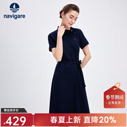 Navigare意大利小帆船短袖連衣裙女士夏季棉質(zhì)斜領(lǐng)裙子時(shí)尚顯瘦半袖a字裙 海軍藍 S 碼