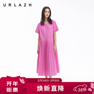 URLAZH有蘭夏季新款浪漫度假風(fēng)芭比粉圓領(lǐng)襯衫式短袖百褶連衣裙女 玫紅 XS