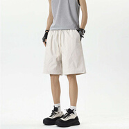 Shelley Jones斜切速干休閑短褲男士夏季新款ins寬松潮流直筒百搭青少年中褲子 米白色 XL [建議125-135斤]