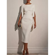 2025新款歐美跨境季純色通勤釘珠修身優(yōu)雅連衣裙女裝 白色 L