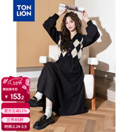 唐獅（TonLion）2024黑色v領(lǐng)拼接格紋連衣裙女復古針織格子裙氣質(zhì)長(cháng)裙 黑色 S 