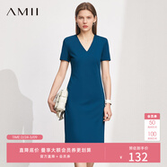 AMII女裝2025氣質(zhì)墊肩V領(lǐng)連衣裙夏季新款溫柔風(fēng)小黑裙修身 黛綠 S 155/80A