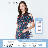 PORTS寶姿商場(chǎng)同款新品女裝優(yōu)雅紅花藍屋露肩連衣裙LN8D131HPT037 丈青印花 M (6)