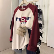 慕伊銘（MUYIMING）100%春秋新款長(cháng)袖t恤女打底衫大碼胖mm寬松中長(cháng)款插肩袖上衣 酒紅拼杏【STR粉熊】SxE9x L (建議116-130斤)