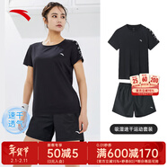安踏速干運動(dòng)套裝羽毛球瑜伽服女士夏季透氣短褲短袖T恤跑步跳操衣服 【速干套裝】基礎黑-6 M/165