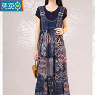 夏典素訂女王（SE.PSTP）時(shí)尚背帶裙夏季休閑無(wú)彈牛仔拼接碎花大裙擺女式雪紡連衣裙 高品質(zhì)連衣裙 M