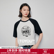 初語(yǔ)插肩袖寬松顯瘦T恤女2025夏季新款風(fēng)景印花純棉減齡多色上衣 黑-白-風(fēng)景 S