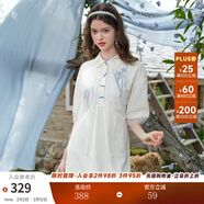 兩三事月下白茶 2025春新款網(wǎng)紗拼接流蘇繡花撞色紐扣襯衫裙連衣裙 米杏色 M