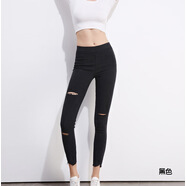 秋季新款破洞牛仔褲女九分小腳褲緊身鉛筆褲加肥加大碼女褲 黑色 M