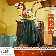 兩三事絲絨半身裙春季女黑色百褶裙裙子復古半裙長(cháng)裙 開(kāi)心自轉體 綠色 厚款 S