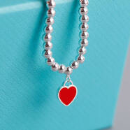 恒久葉手鏈S925純銀蒂家琺瑯藍心愛(ài)心形佛珠手串提夫尼女手鐲鈴鐺水滴 紅色15+5cm