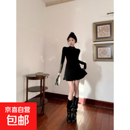 荷葉邊半高領(lǐng)收腰連衣裙女春秋顯身材包臀小媽魚(yú)尾裙打底內搭裙子 黑色 L