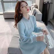 語(yǔ)森憶秋冬裝裙2025年新款加絨加厚娃娃領(lǐng)針織毛呢連衣裙小個(gè)子打底短裙 藍色 M