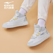 鴻星爾克板鞋中幫厚底休閑運動(dòng)撞色百搭潮流女款拼接滑板鞋街頭時(shí)尚休閑鞋 未漂原色/鉛筆灰 1447 35