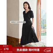 茵曼（INMAN）法式薄荷曼波連衣裙2024夏女裝新品V領(lǐng)燈籠袖抽繩 午夜黑 S