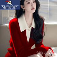 啄木鳥(niǎo)（TUCANO）翻領(lǐng)短款毛衣針織衫上衣女秋冬季2025新款時(shí)尚百搭洋氣長(cháng)袖打底衫 紅色 2XL 建議130-140斤