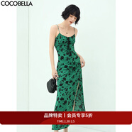 COCOBELLA流蘇飄帶碎花吊帶裙女度假風(fēng)側開(kāi)叉緞面連衣裙FR150-2 綠色 XL