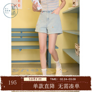 紫涵（ZIHAN）紫涵做舊卷邊刺繡牛仔短褲女年夏季新款松緊高腰藍色休閑熱褲 牛仔藍 XS